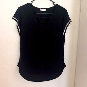 89th and Madison size medium black blouse with rhinestone bling around arms.